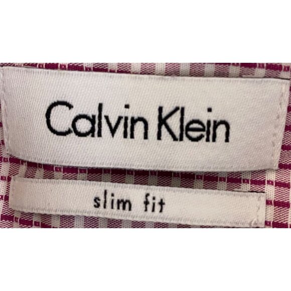 Calvin Klein Sz 17 34/35 Slim Fit Shirt Plaid Pink White Long Sleeve Slim Fit - Picture 4 of 4